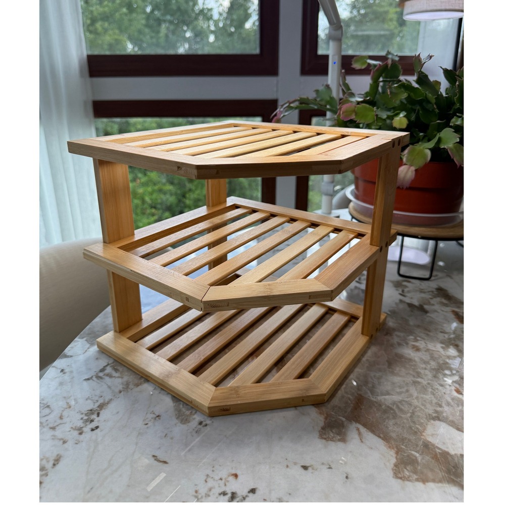 Bamboo 3 Tier Corner Shelf Organizer Natural Wood Kitchen Bathroom Storage Rack